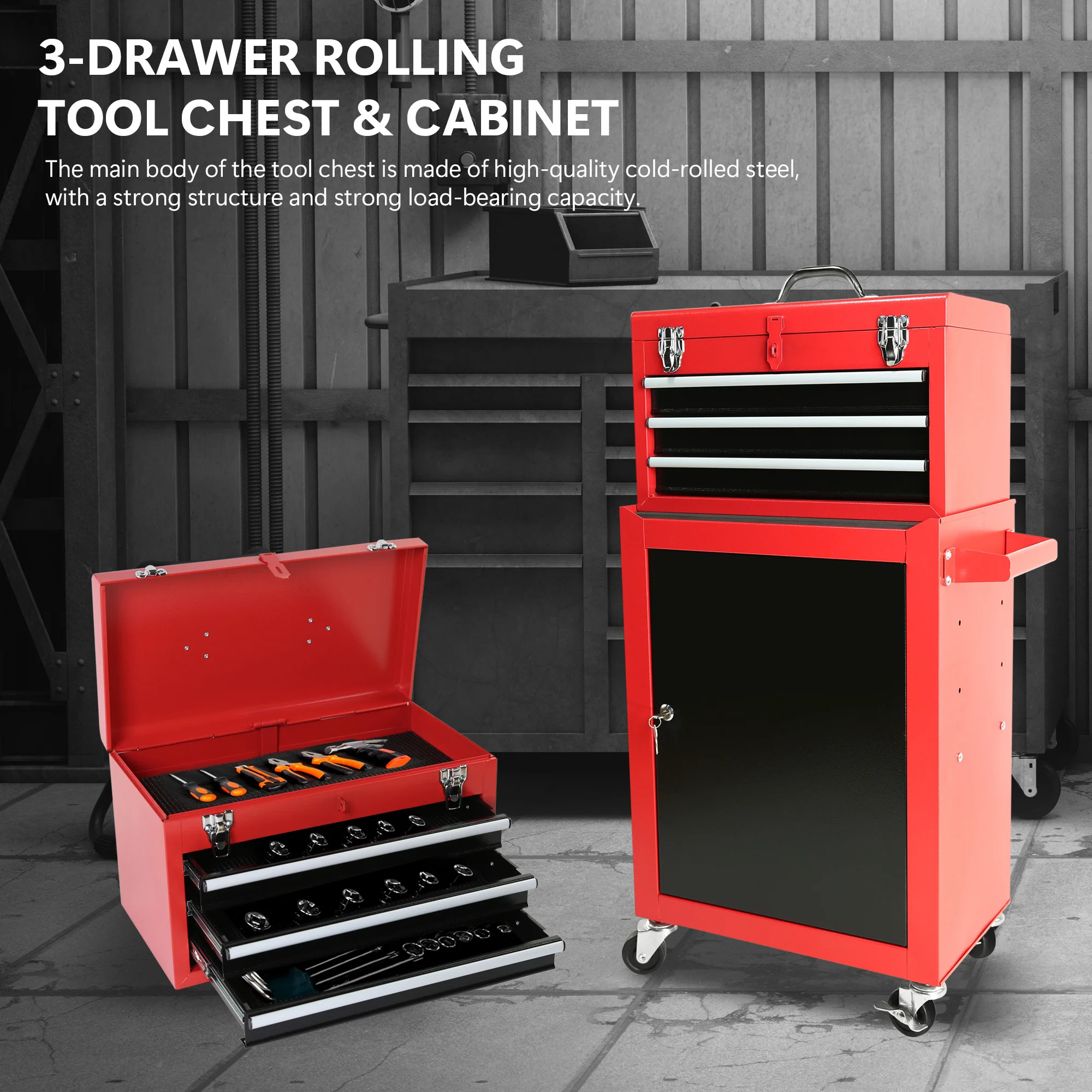 

3-Drawer Rolling Tool Chest with Wheels, Tool Chest with Large Storage Cabinet and Adjustable Shelf