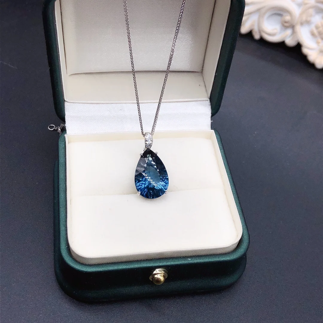 Celestial Londres Azul Topa Pedra Pingente 925 Jóias de Prata Esterlina Colar de Luxo Feminino Jóias Certificado Boutique de Natal