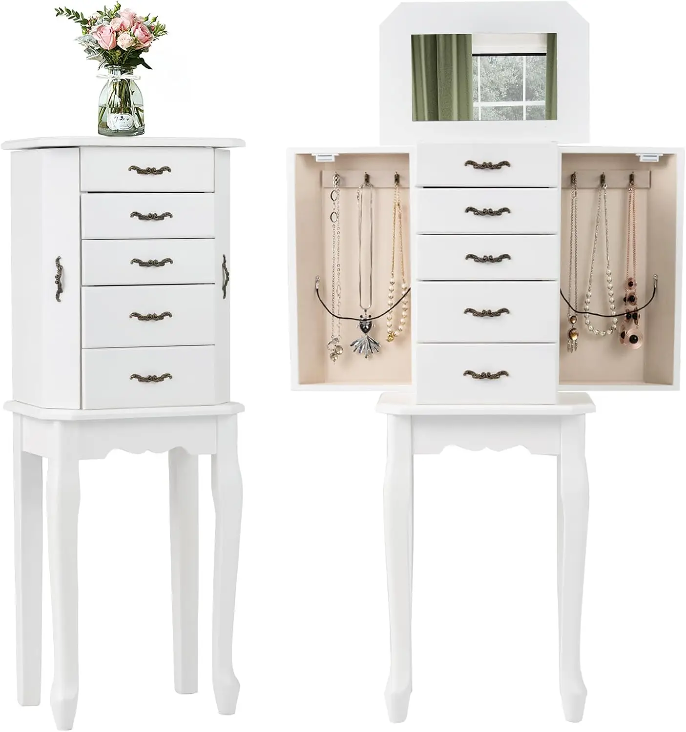 

Напольный шкаф для украшений с откидным зеркалом, верхним отсеком для хранения, 4 ящиками, 2 боковыми дверцами с крючками для колье