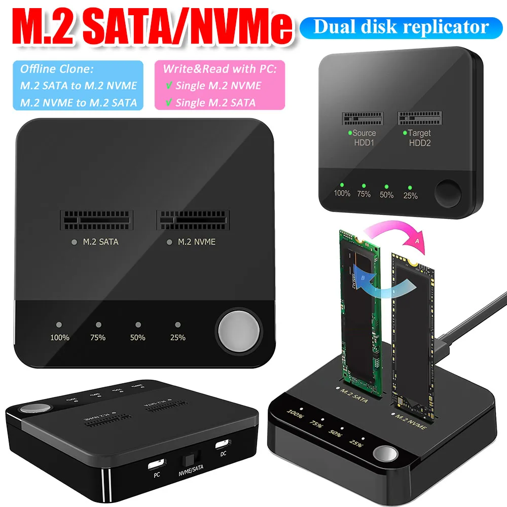 M.2 SATA/NVMe Dual-Bay M.2 SSD Duplicator Data Transmission M.2 Cloner with LED Indicator for SSD Size 2230/2242/2260/2280/22110