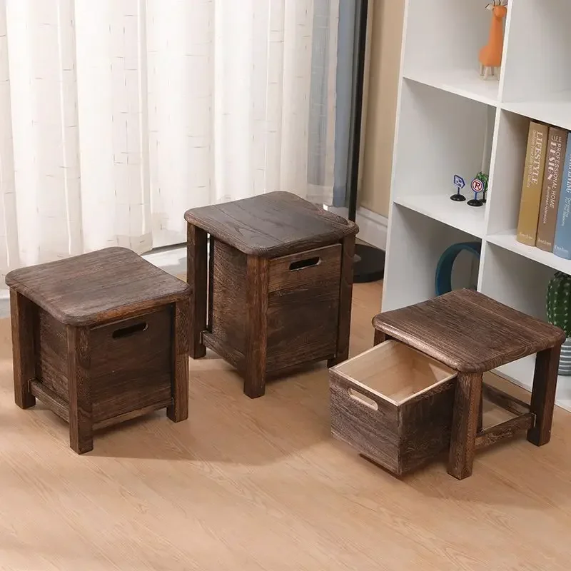 Solid Wood Storage Square Stool with Drawer Change Shoes Bench Sofa Bedside Low Table Ottoman Cabinet for Entrance Hallway