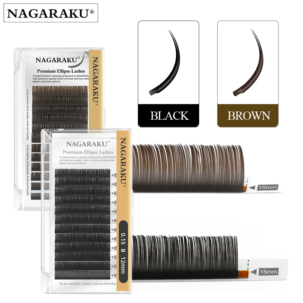 NAGARAKU Flat Ellipse Eyelash Split Tips Matte  Black Brown Color Super Soft Gentle Natural Eyelash Extension Flat Shape Lashes