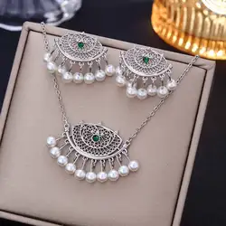 Luxury Retro Indian Crystal Bridal Jewelry Set Ethnic African Beads Tassel Jhumka Rhinestone Earrings Necklaces Sets Bijoux Gift