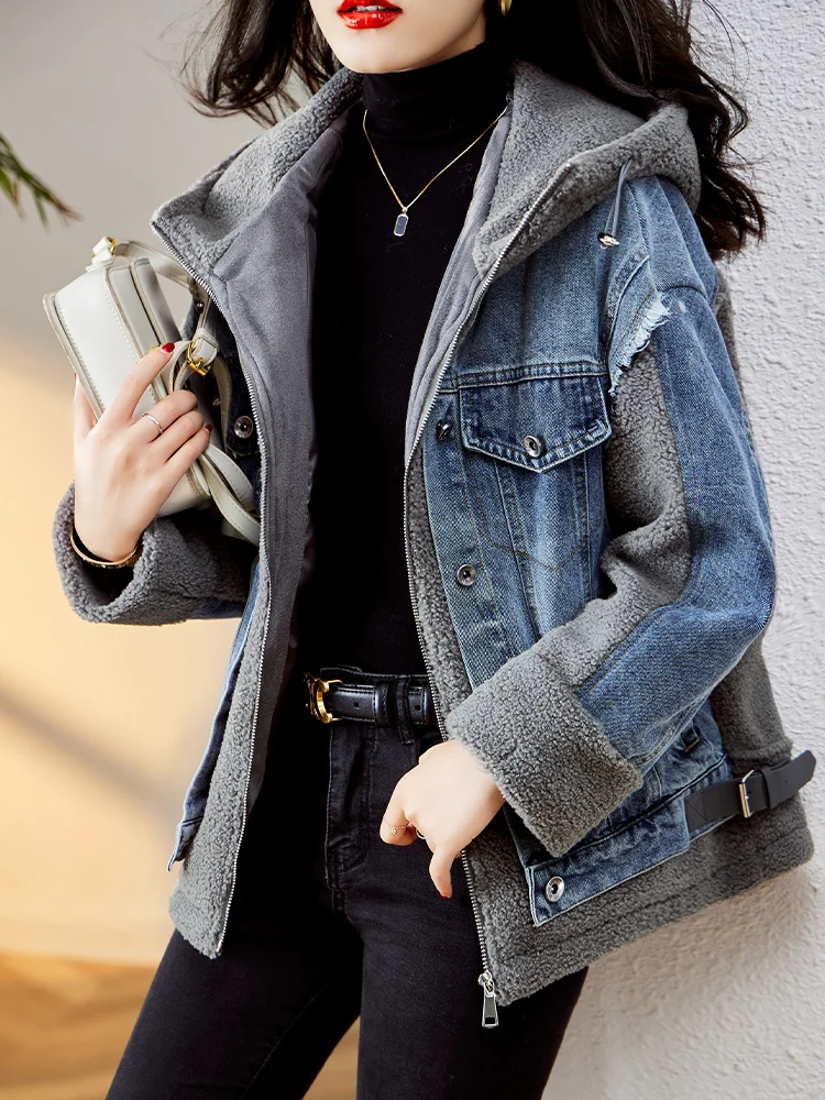 Womens Denim Jacket Wool Coats and Mixtures Liner Cotton Jean Autumn Winter Lamb Fleece Thick Warm Outerwear Streetwear Clothes