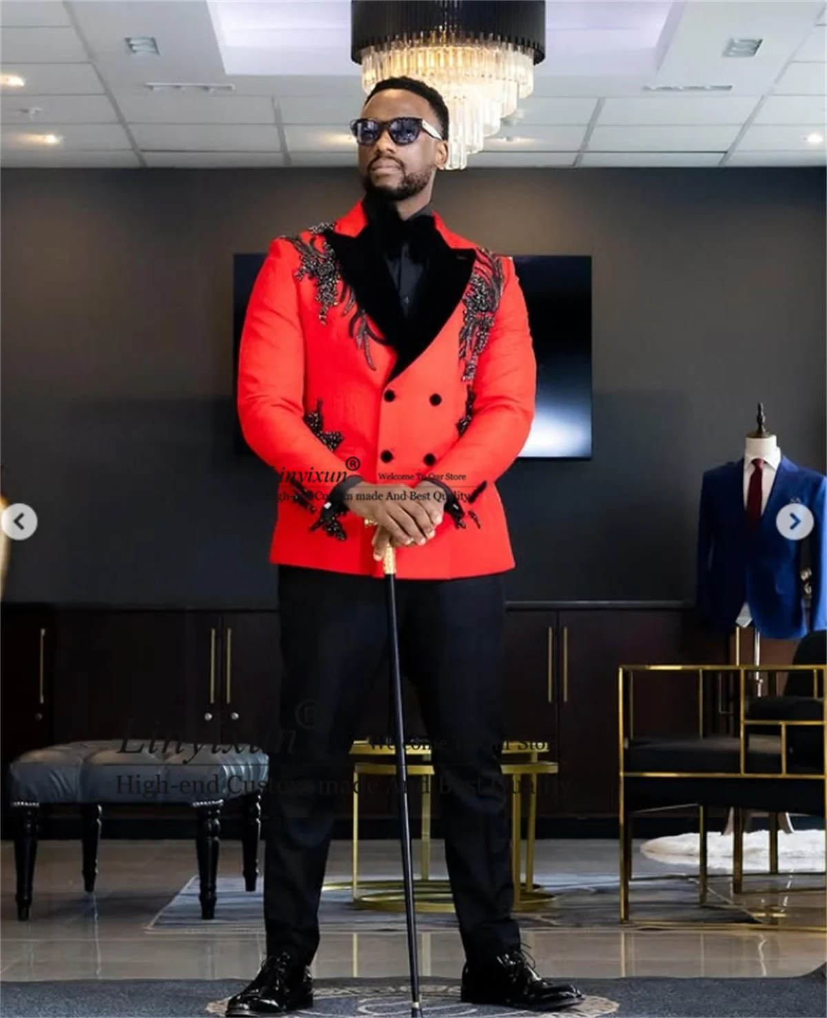 Sparkly Appliques Beaded Men Suit 2 Piece Sets Male Prom Blazers Slim Costume Homme Customized Jacquard Wedding Groom Tuxedo