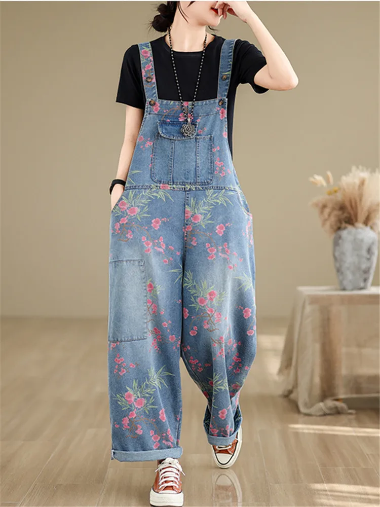 Spring Autumn Fashion Streetwear Print Denim Jumpsuit Women Casual Loose Wide Leg Pants Rompers Pockets Straps Jeans Overalls