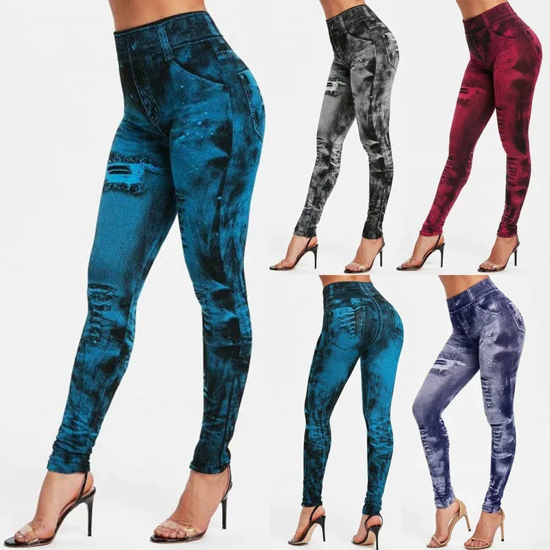 

Sexy Women Leggings Imitation Jeans High Waist Pants Fitness Elastic Slim Leggins Mujer 2021 Sport Casual Leggins Female Push Up