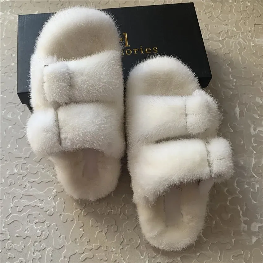 2024 Women\'s Fur Slippers 100% Real Mink Fur Slippers Women Slippers Open Toe Lasies Fur Slide Flat Heel Fashion Luxury Fur Shoe
