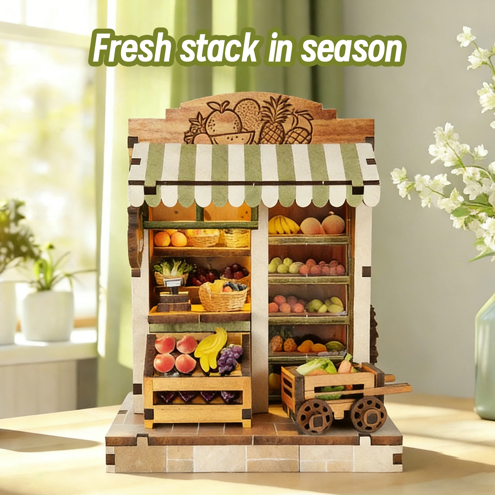 3D Wooden Puzzle for Adults Seasonal Fresh Depot Book Nook with Lights Model Kit Dollhouse DIY Miniature House Birthday and Christmas Gifts