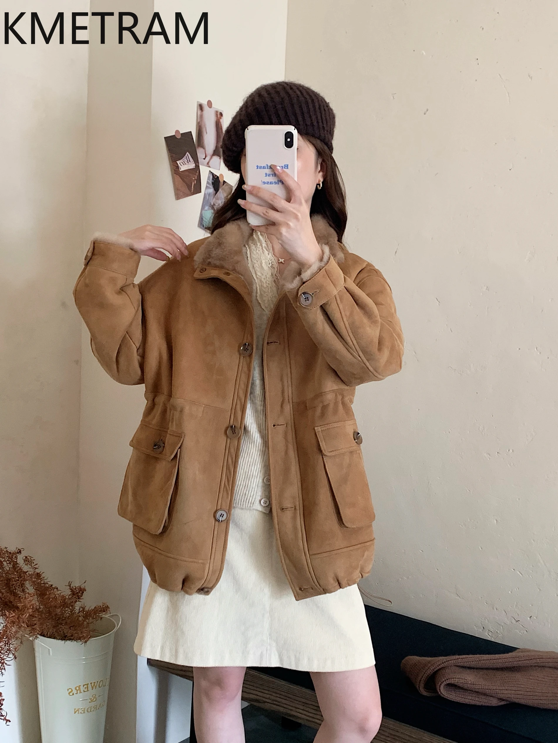 KMETRAM Natuurlijke Schapenvacht met Wol Aangesloten Bontjas Losse High-End Diepe Kameel Kleding 2025, Winter Vrouwen Jas vestes femmes