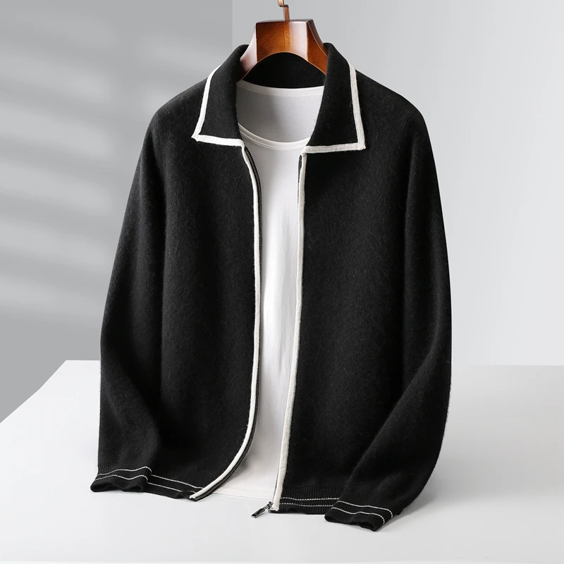 Autumn And Winter New Pure Wool Men's Lapel Zipper Cardigan Loose Leisure Business Knitted Cashmere Knitted Coat