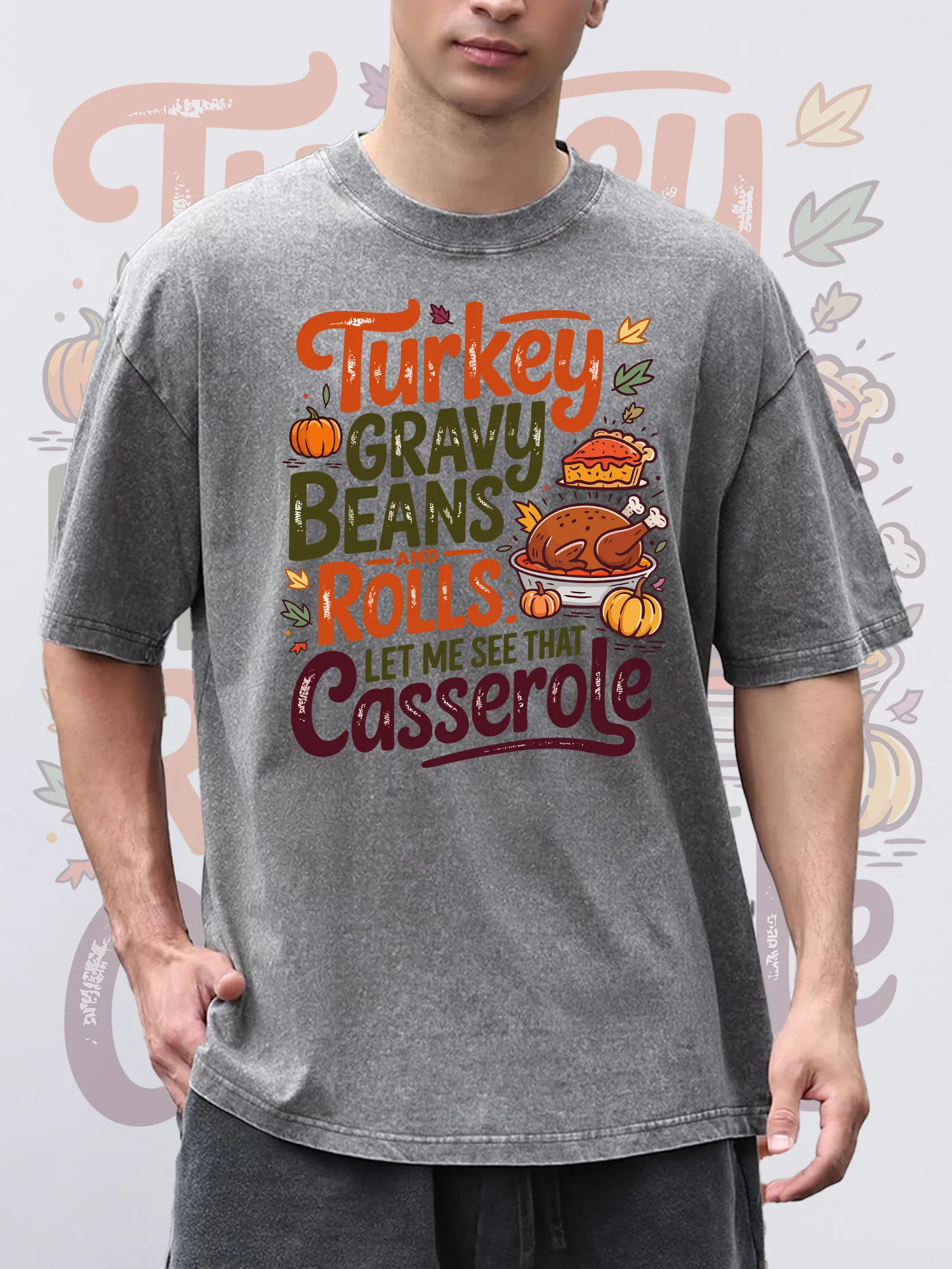 تي شيرت رجالي تركي جرافي بينز مطبوعة رمادي بأكمام قصيرة رقبة مستديرة فضفاض صيفي 100% قطن خالص حمض غسل الشكر