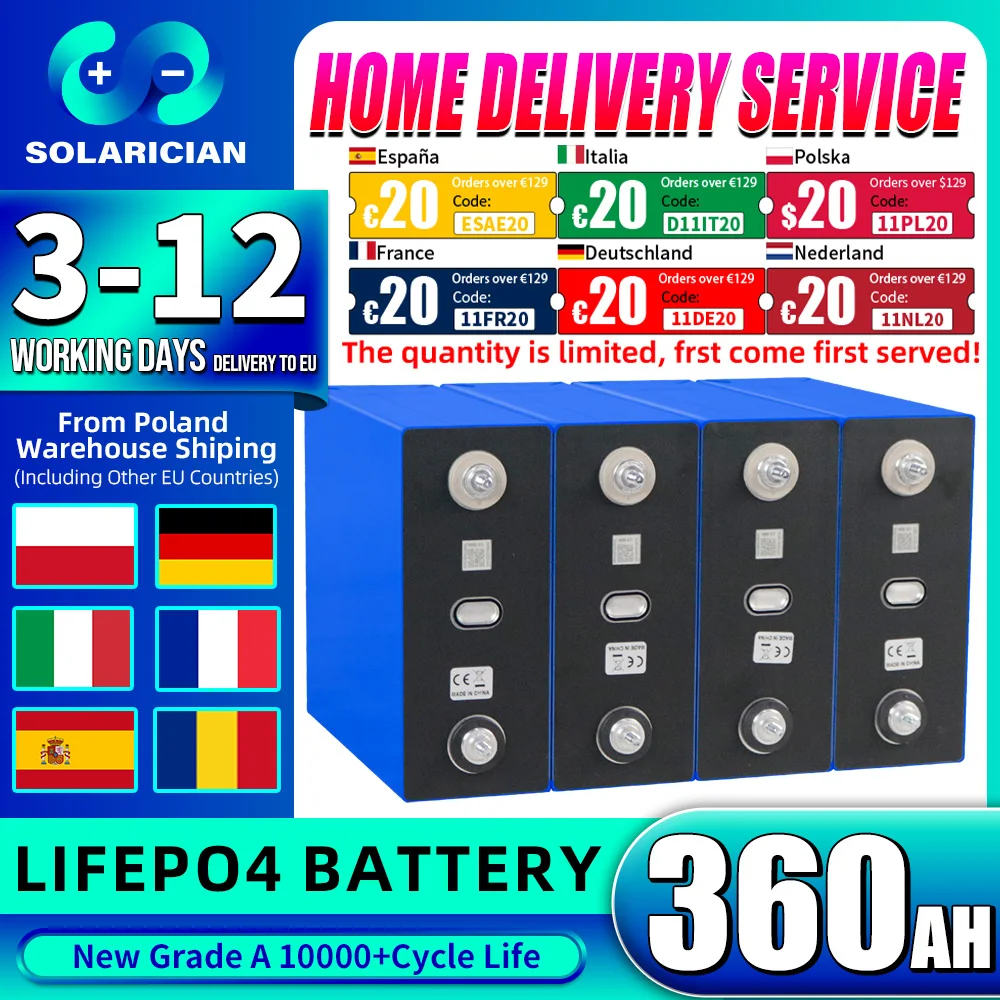 EU US STOCK Grade A 3.2V 360Ah LiFePO4 Battery 10000+ Cycles Brand New for Camping RV Boat Yacht Golf Carts Forklift Solar Cells