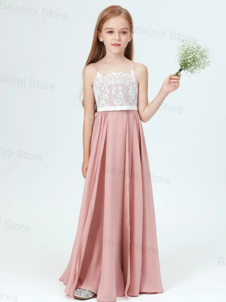 

Flower Girls Elegant Bridesmaid Dress Chiffon Lace Suspenders Long Skirt Kids Formal Occasion Wedding Birthday Special Ball Gown