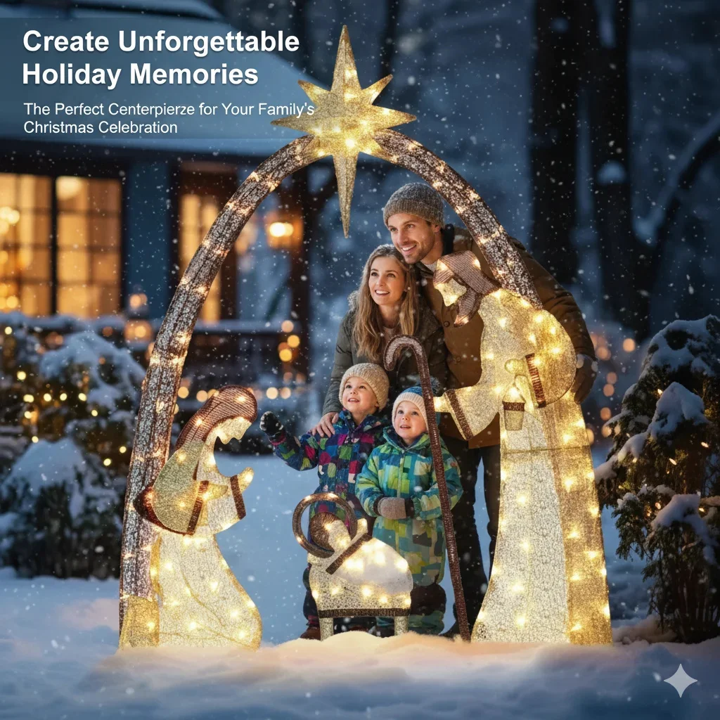 5.5FT عيد الميلاد مشهد المهد ديكور خارجي مع أضواء LED، مقاوم للماء مضاء عطلة العرض لساحة، الحديقة، الشرفة المنزل