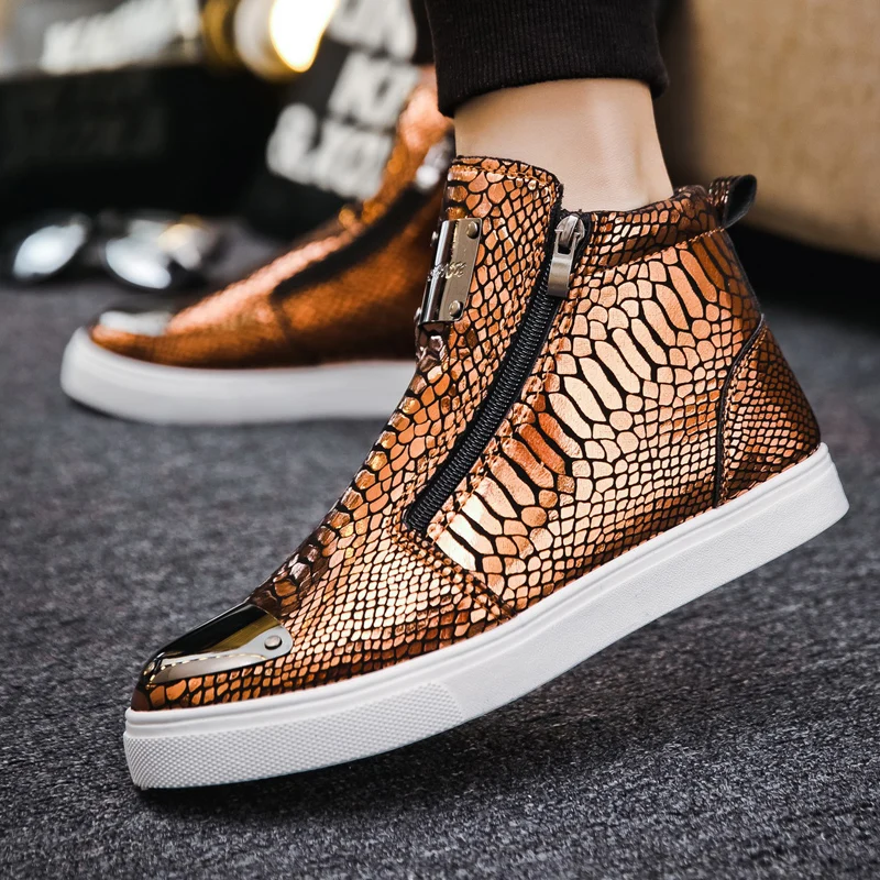 Fashion Zipper Men High Top Sneakers Luxury Gold Glitter Men Brand Sneakers Crocodile Leather Designer Men\'s Vulcanized Shoes