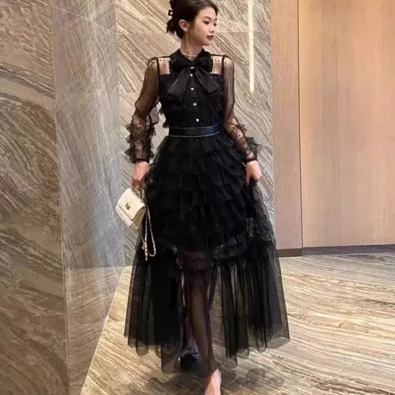 Moda verão bowknot bolinhas folha midi vestidos de festa longos em camadas babados elegante vestido linha a