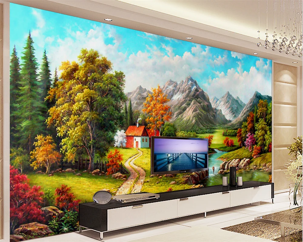 Custom Mural 3d papel de pared Beautiful Rural Landscape Oil Painting Wallpaper Living Room Bedroom Background Wall Decoration