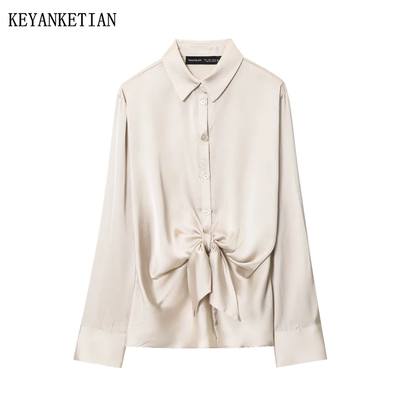 

Autumn New Women's Collar Single Breasted Long Sleeved Knotted Tie Silk Satin Texture Shirt Women Casual Top