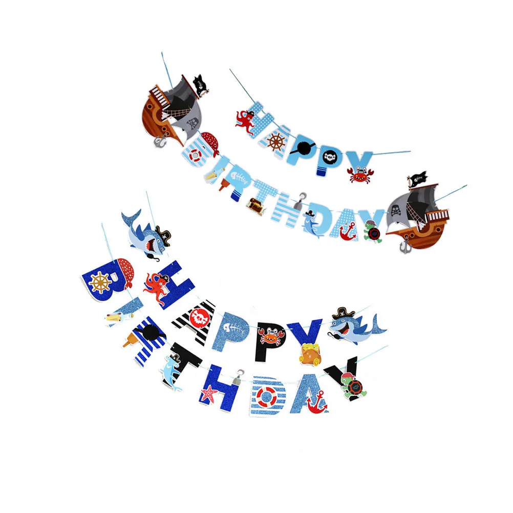 

2Pcs Pirate Theme Birthday Party Banner Cartoon Hanging Buntings Kids Party Decoration Garland Photo Prop Marine Animal Flags