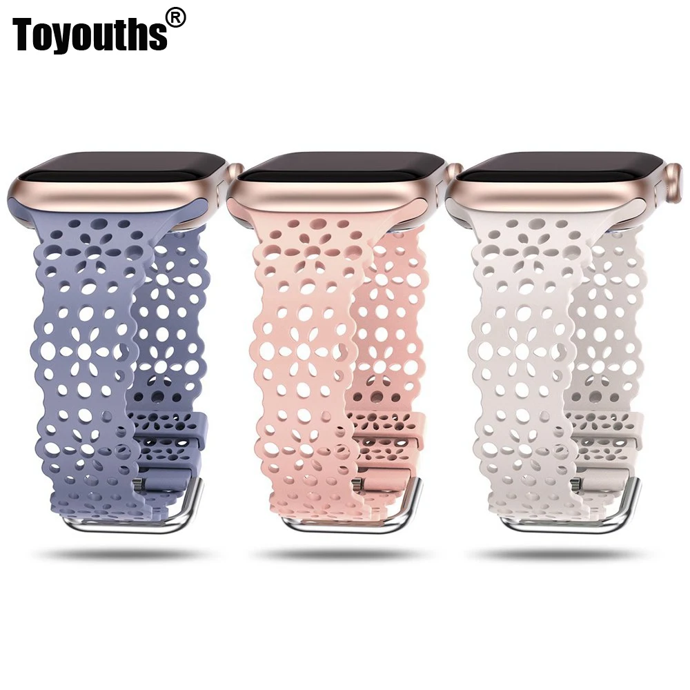 TOYOUTHS 3Pack Lace Silicone Band for Apple Watch Ultra/8/7/SE/6/5/4/3,Women Slim Sport Solo Loop Band for iwatch 38mm 40mm 41mm