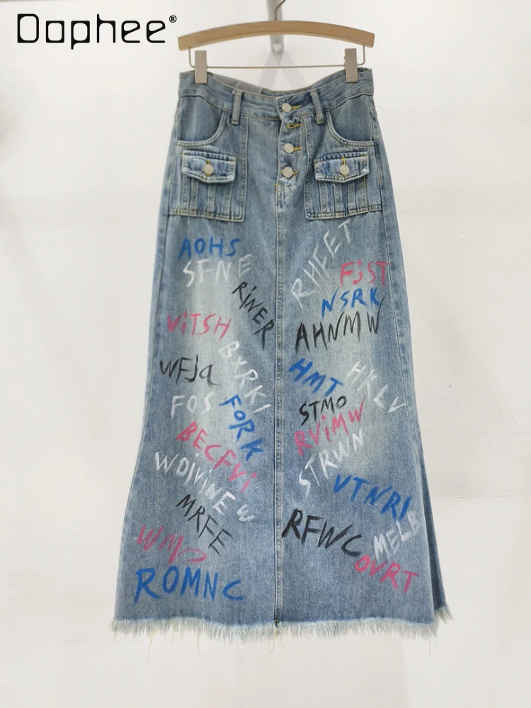 Street Style Graffiti Letter Print Raw Edge Denim Skirt for Women 2024 Spring Summer New Mid-Length A- Line High Waist Skirts