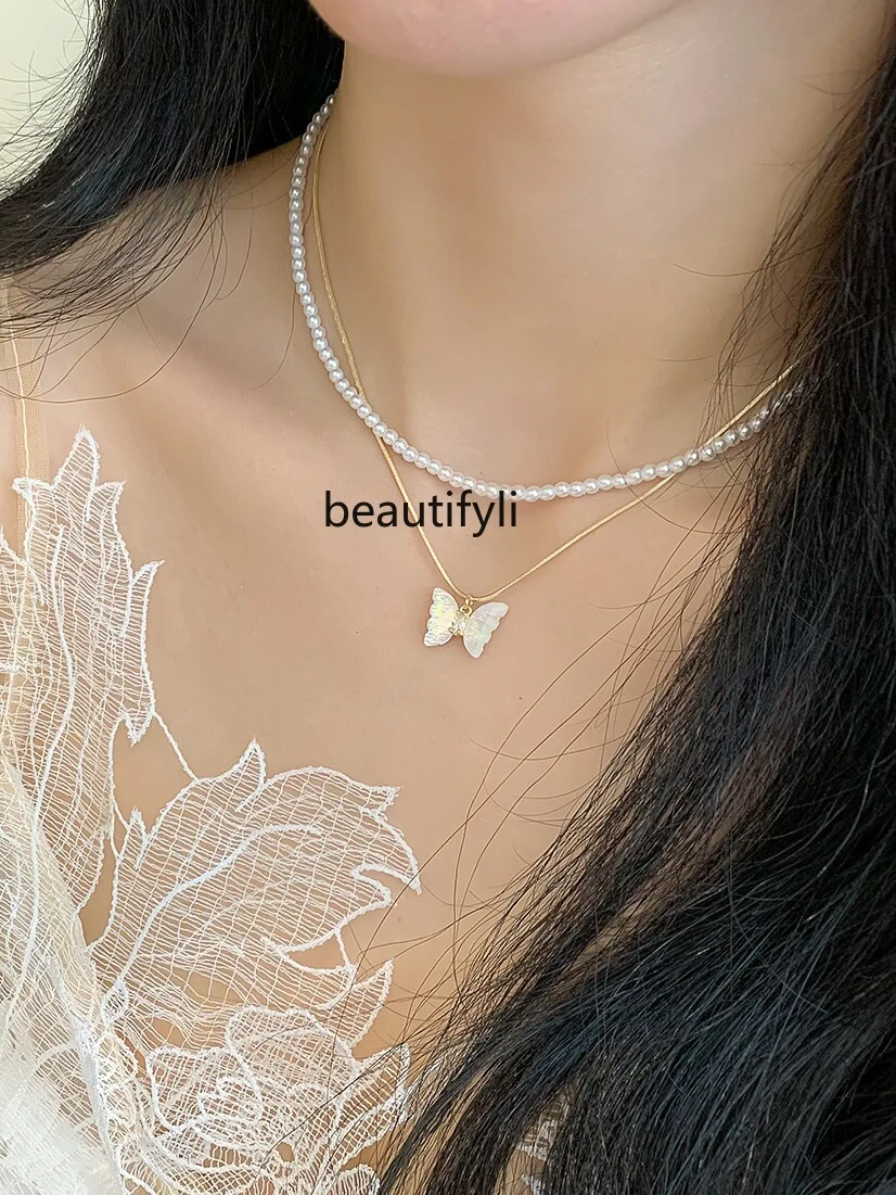 Butterfly Pearl Snake Bone Double-Layer Necklace Female Light Luxury Minority Elegant High-Grade Twin Clavicle Chain