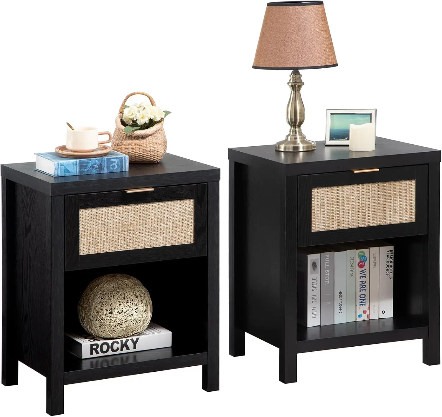 

Rattan Night Stands Set of 2, Farmhouse Nightstand Bedside Table with Drawer and Storage Shelf, End Side Table