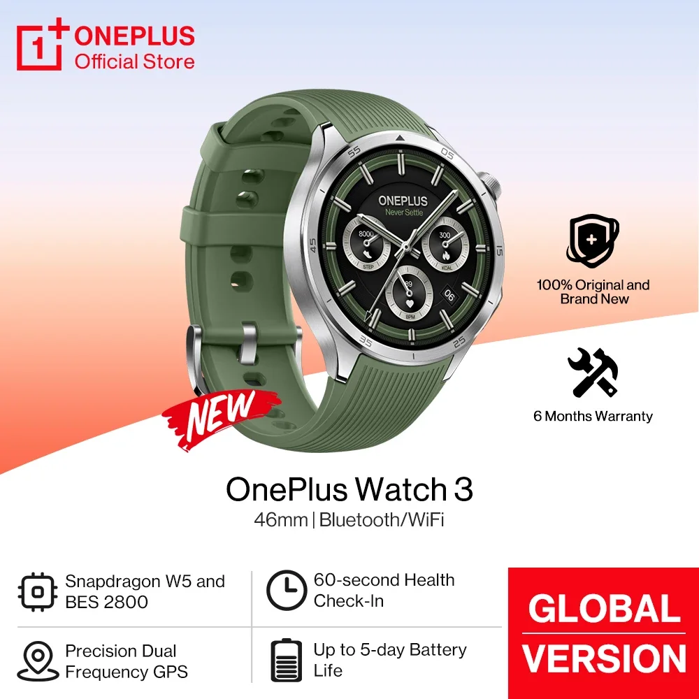 ساعة OnePlus Watch 3 الجديدة الإصدار العالمي للساعة الذكية 1.50 بوصة AMOLED 32GB ذاكرة Snapdragon W5 Wear OS بواسطة Google NFC IP68 5ATM