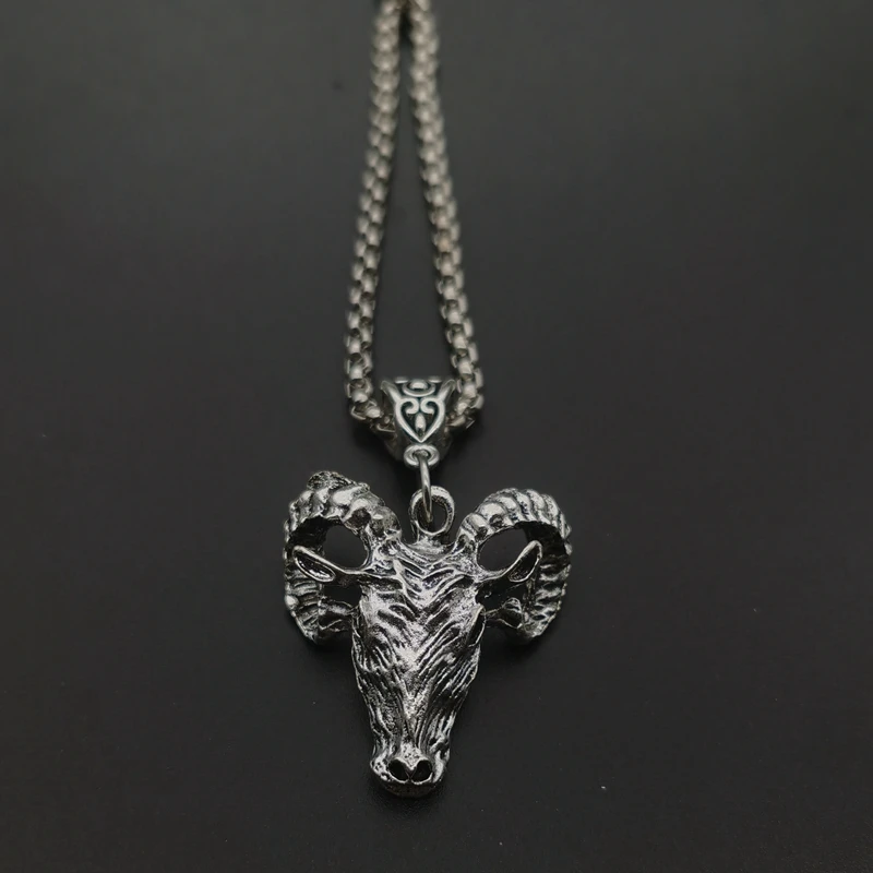 Gothic Silver Color Sheep Head Skull Fashion Vintage Pendant Necklace for Men Punk Pan God Skull Goat Head Chain Jewelry Gift