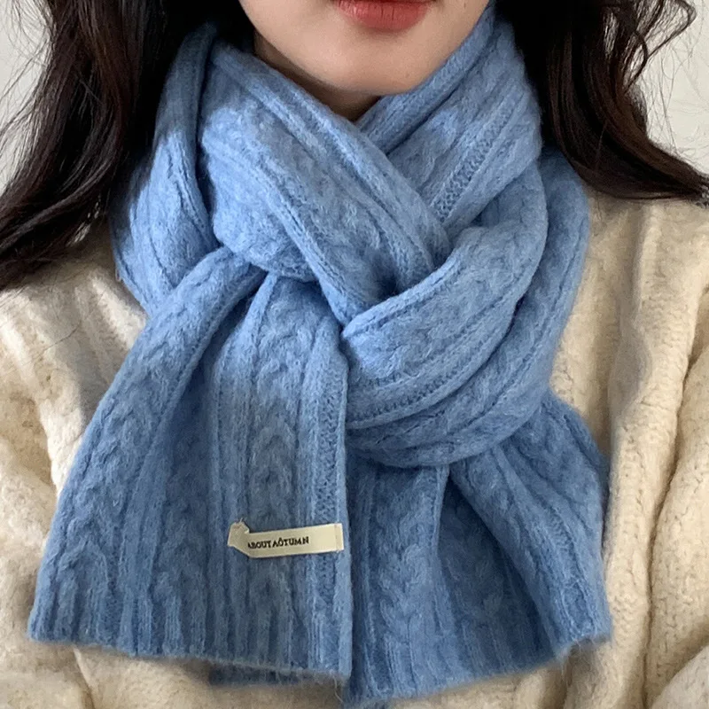 

Women's Winter Warm Blue New Scarf Woolen Scarf Winter Knitted Solid Color Versatile New Korean Style Neck Guard School Trend