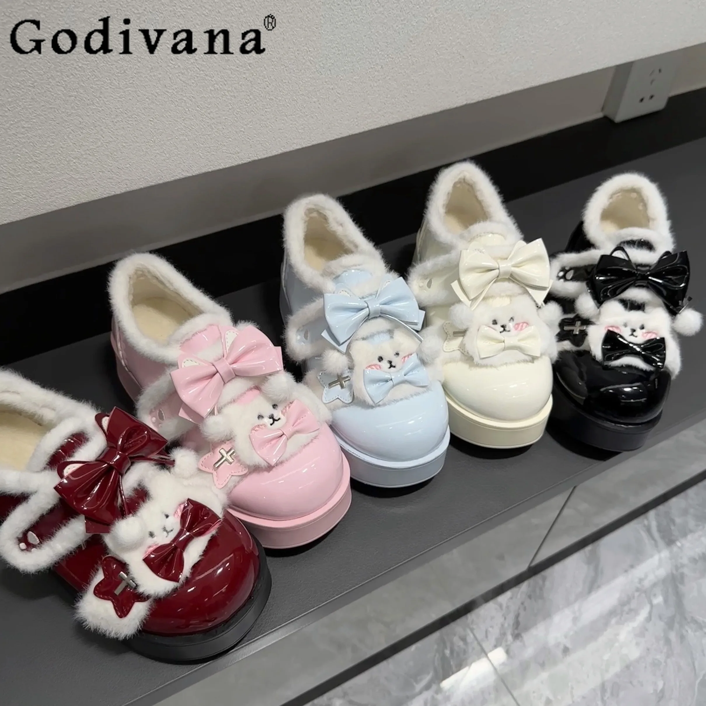 

Flat Bottom Velvet Cotton Shoes Lolita College Warm Bow Cute Kawaii Warm Single Shoe Winter