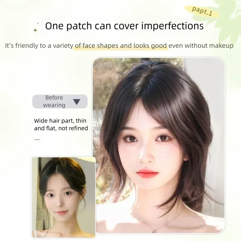 100% Human Hair Topper Cover Wide Hair Parting Magic Paste Hairpieces No Clips Bangs Real Natural Fringe Hair Extensions
