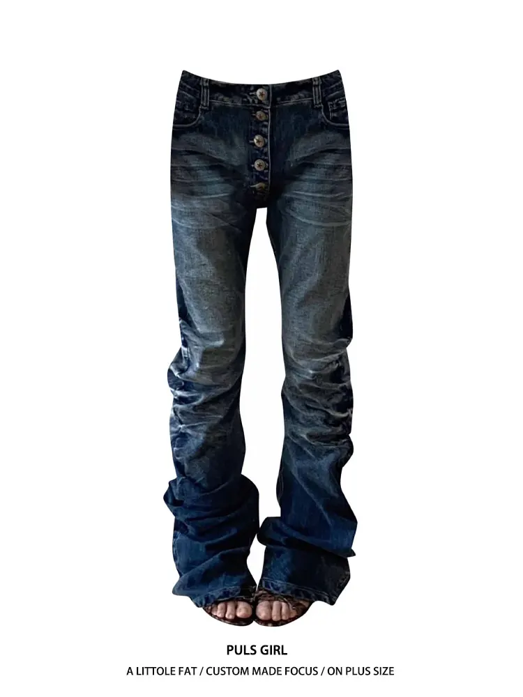 

High Waist Straight Leg Whisker Washed Denim Jeans Women's Puffy Cuff Slimming Long Trousers American High Street Style