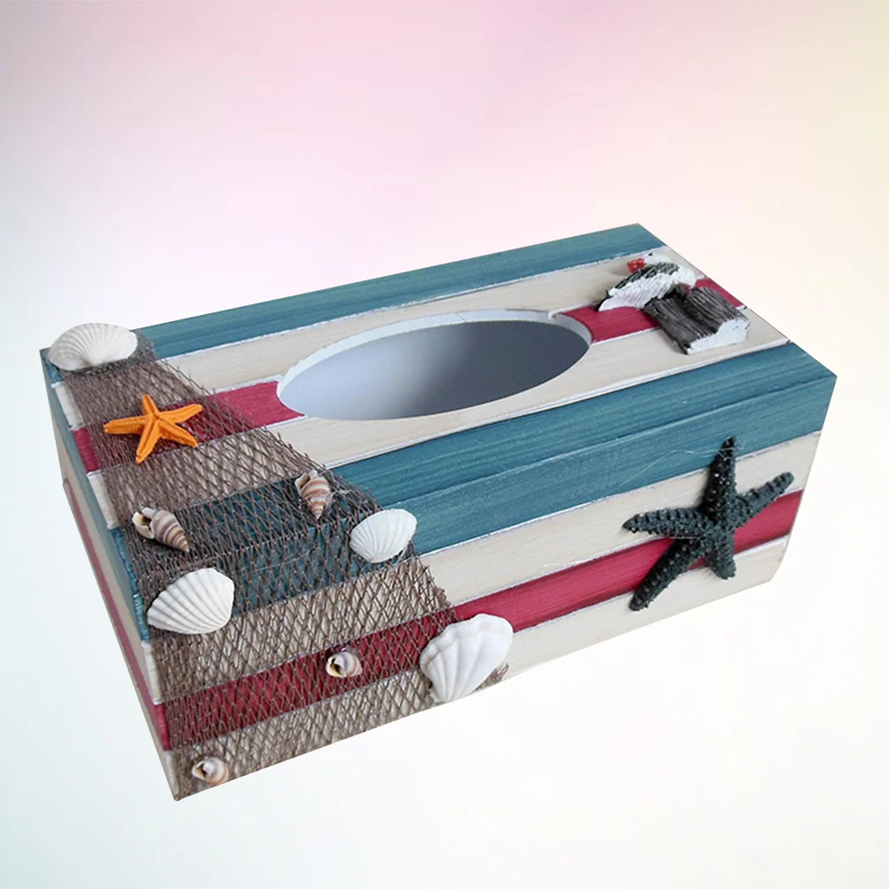 

1pc Decorative Tissue Box Wooden Craft Storage For Home Office Desktop Mediterranean Style Color Stripe Pattern Tissue Holder