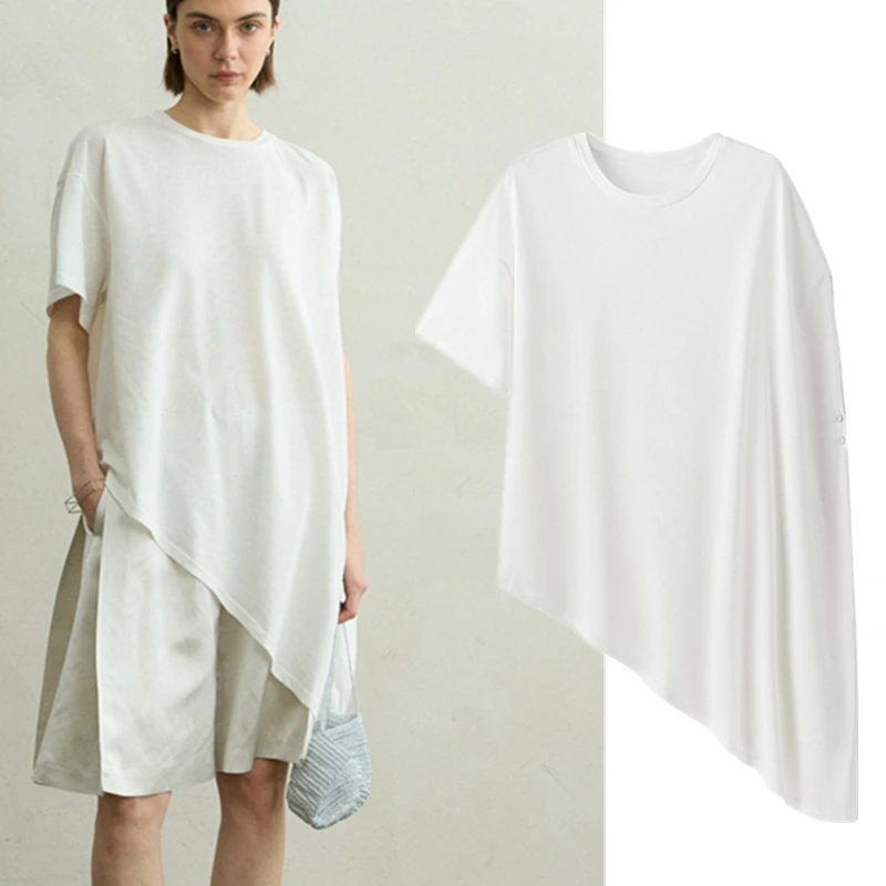 Maxdutti Nordic Minimalist Cotton Short Sleeved Asymmetrical Mid Length T-shirt Top Summer T-shirt Woman Clothes Female Clothing