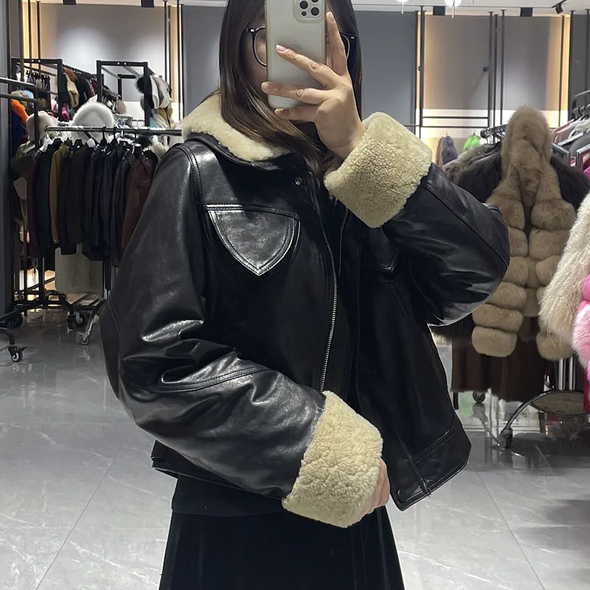 JANEFUR Damska kurtka z prawdziwej skóry Krótka kurtka puchowa z kołnierzem z jagnięcej wełny Ciepły płaszcz zimowy JFB8-25002