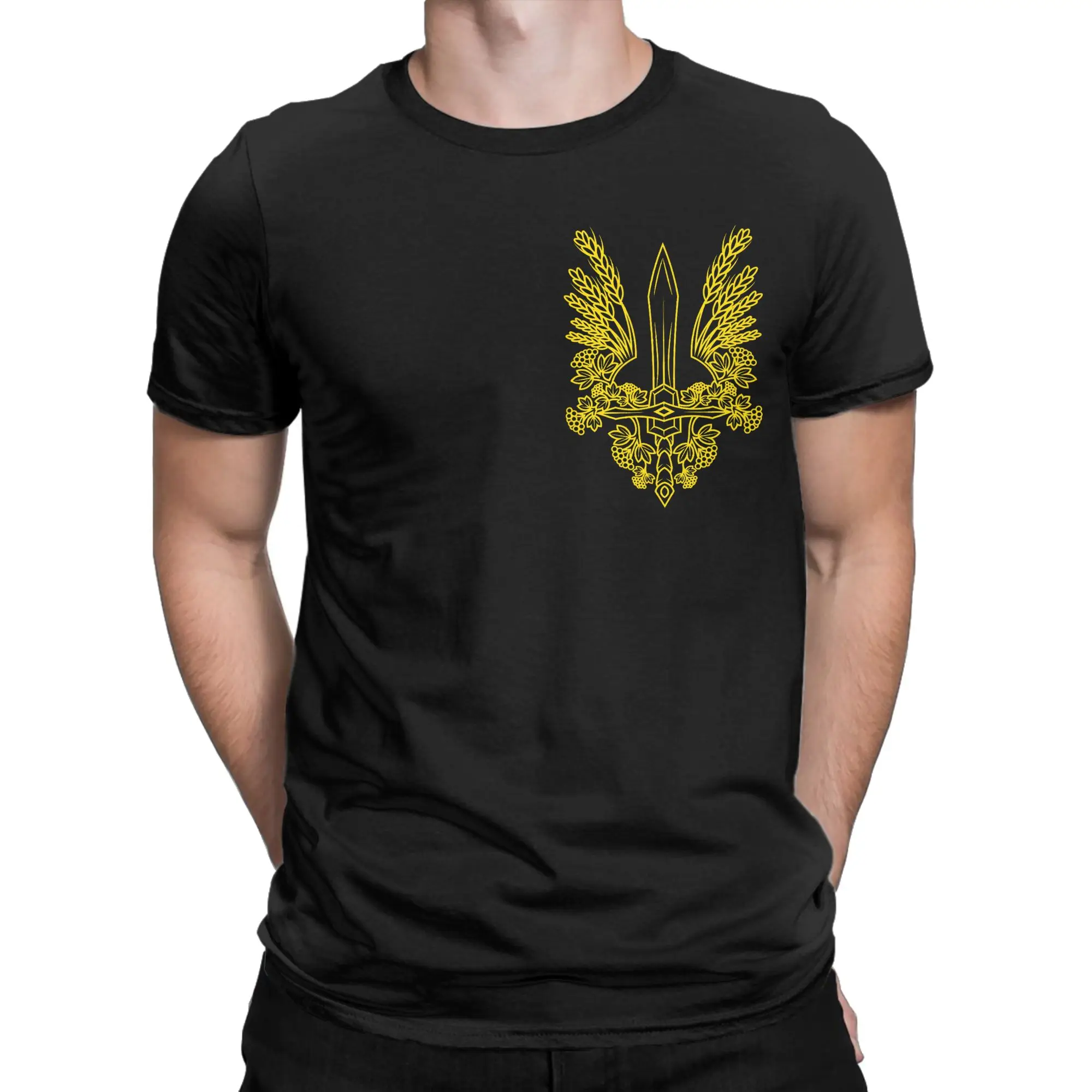 Men T-Shirts Ukraine Stylized Yellow Coat of Arms Ukrainian Pride Casual Cotton Tees Short Sleeve  T Shirts Crew Neck Clothing