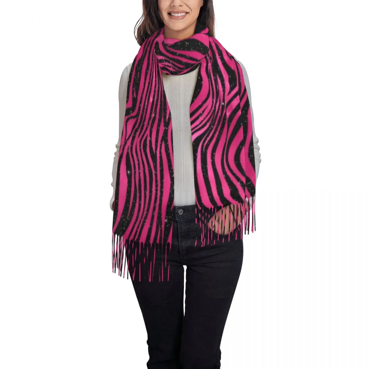 Lady Scarf Warm Soft Tiger Print Headwear Scarves Tassel Bright Pink and Black Stripes y2k Funny Shawls Wrpas Winter Bufanda