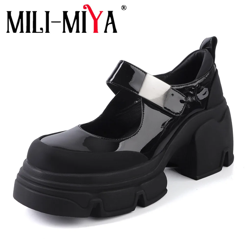 MILI-MIYA  Women's Round-Toe Waterproof Platform Leather Pumps Extra-High Chunky Heels Lightweight Rubber Foam Sole Velcro Closu
