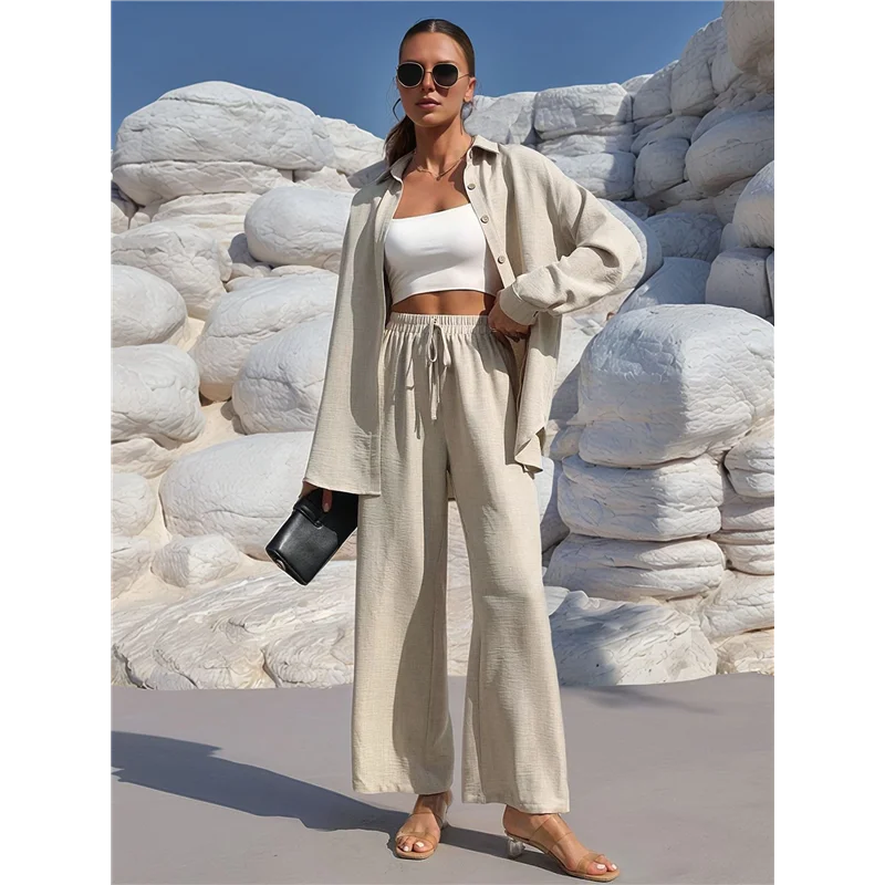 Traje largo de verano para mujer, camisa de dos piezas, pantalones superiores, ropa deportiva informal de dos piezas para vacaciones en la playa