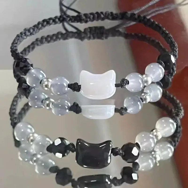 

Real Natural Moonstone Obsidian Bracelets Couple Minimalist Bracelet Handmade Cute Black White Cat Bracelet Party Jewelry Gifts