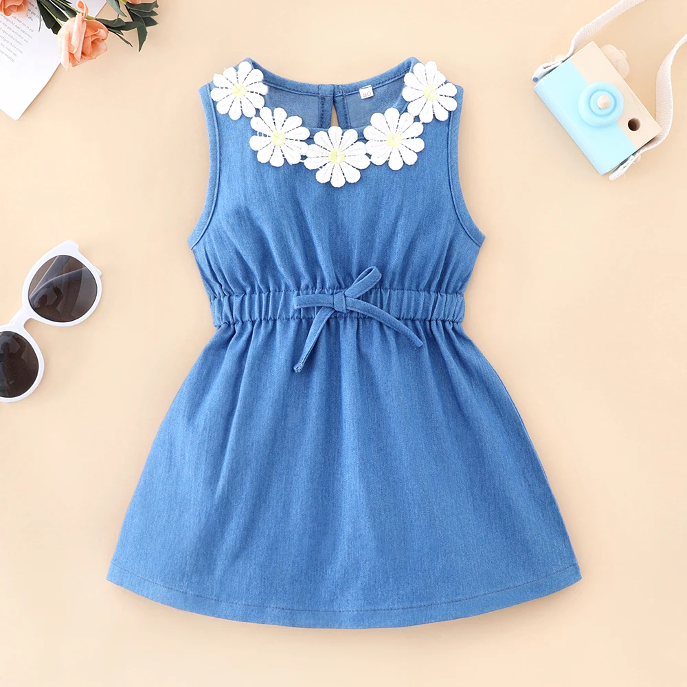 Baby Toddler Daisy Applique Denim Dress Little Girls Casual Blue Sleeveless Summer Tank Dress