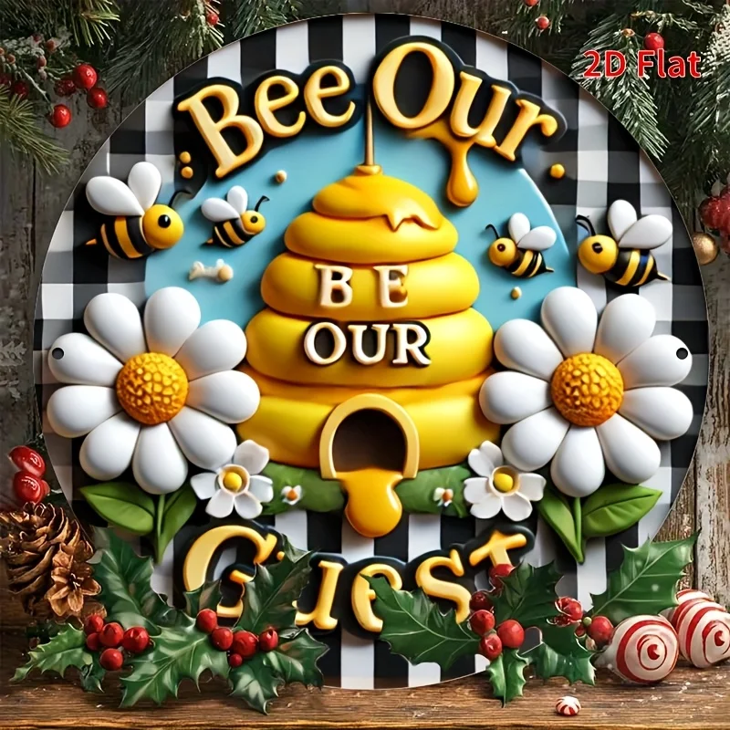 

2D плоская печать, 1 шт., 2D плоская печать, круглый железный логотип-венок 8x8 дюймов с пчелой, наш гостевой логотип, украшение с пчелой, летний логотип, логотип улья