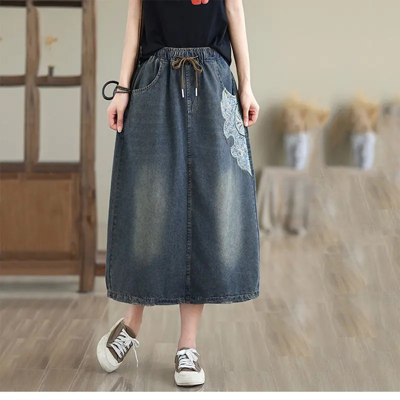 

Summer Oversized Women's Clothing Patch Contrasting Color Embroidery Thin Versatile Denim Skirt National Style Saias Jeans K1396