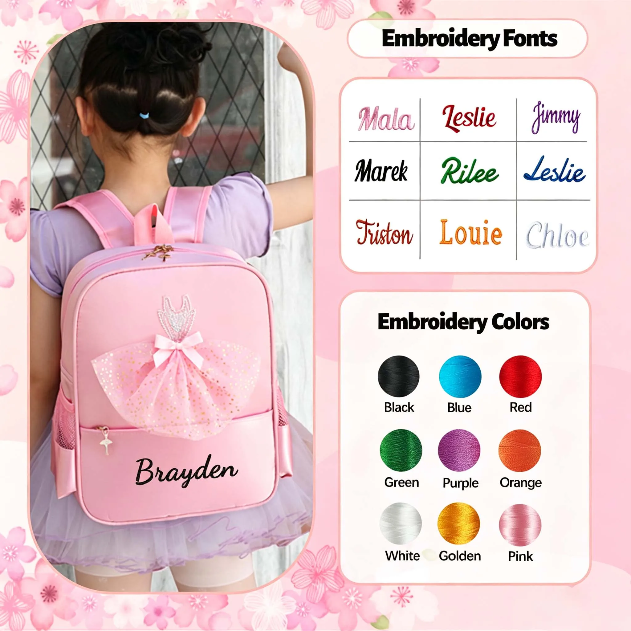Personalized Embroidered Ballet Dance Backpack, Princess Style Girls Dance Bag, Custom Name Kids Bookbag with Tutu Dress Decorat