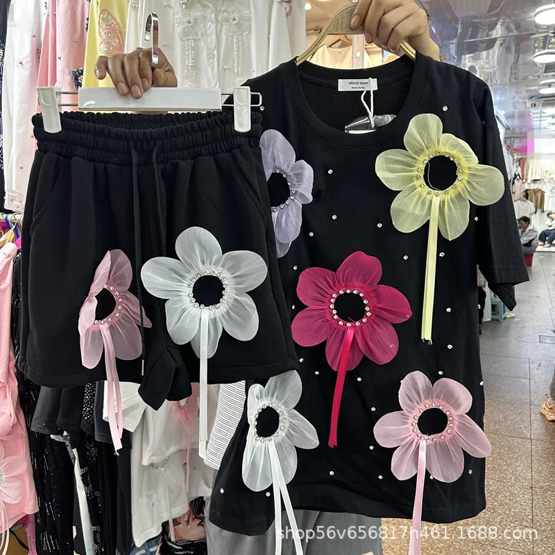 

Chic Women 3D Mesh Flowers Diamonds Beaded Loose T-shirts Rhinestones Tees Crystal Tops+elastic Waist Wide Legs Shorts 2Pcs Set