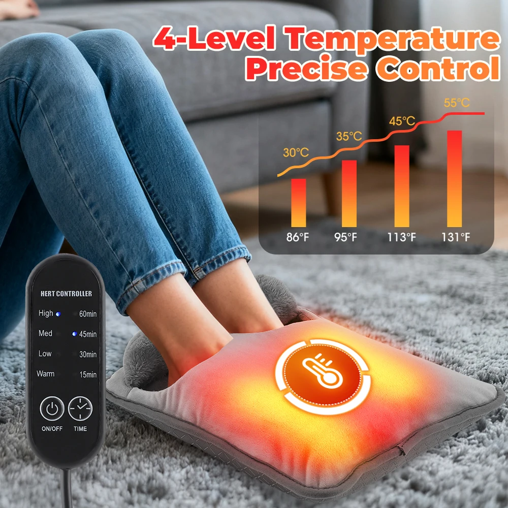 Electric Foot Heating Pad Winter Foot Warmer Heater Bag 4 Timers 4 Heat Levels Household Foot Warming Mat Soft Plush Washable