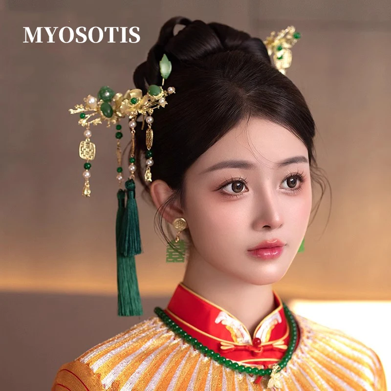 

Китайский свежий зеленый костюм ханьфу, головной убор Xiuhe, традиционные аксессуары для волос ручной работы для невесты