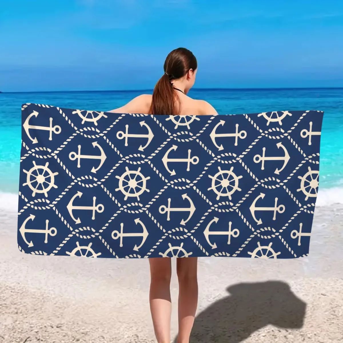 Ocean Element Starfish Anchor Beach Towel, Printed Travel Swimming Pool Yoga Gym Exercise Towel for Outdoor Sports